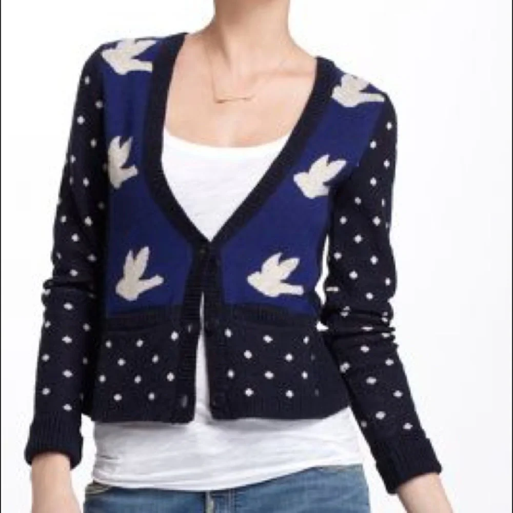Anthropologie Leifnotes Blue Ruffled Flight Bird Button Front Sweater Cardigan - Picture 1 of 8